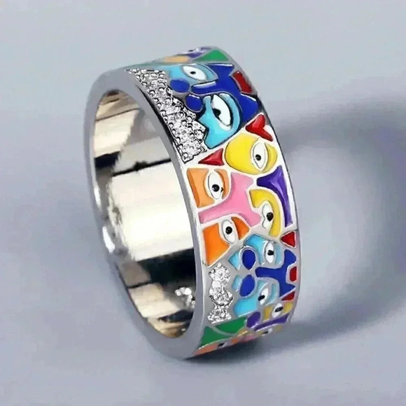 New Sterling Silver White Sapphite Cat Faces Band - Picture 1 of 3